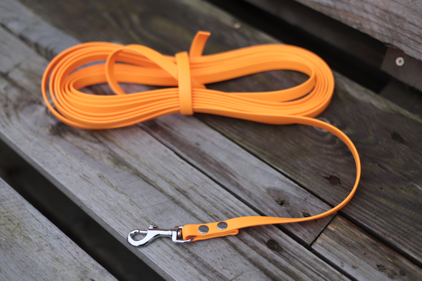 Biothane Schleppleine 5 m orange mit silbernem Karabiner 13 mm breit